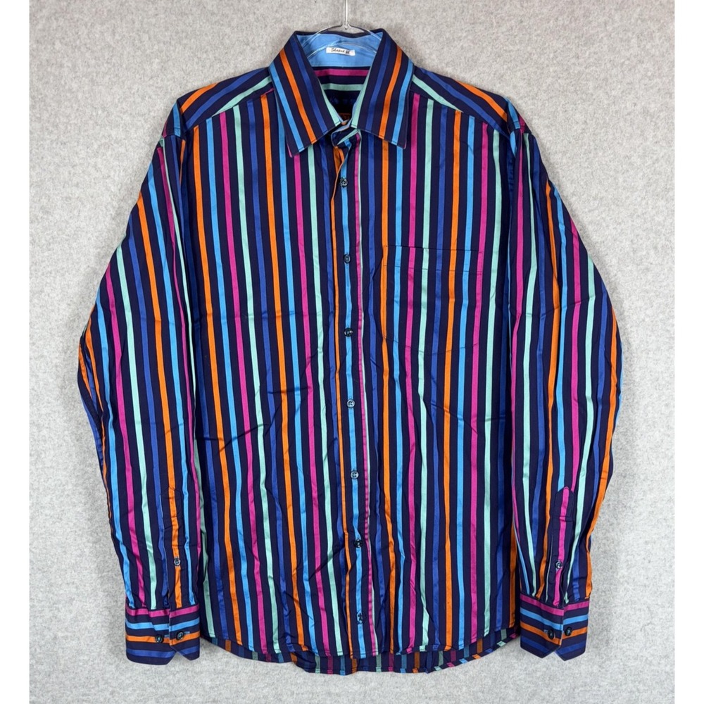 Bugatchi Uomo Shirt Mens Medium Multicolor Striped Long Sleeve Shaped Fit Cotton